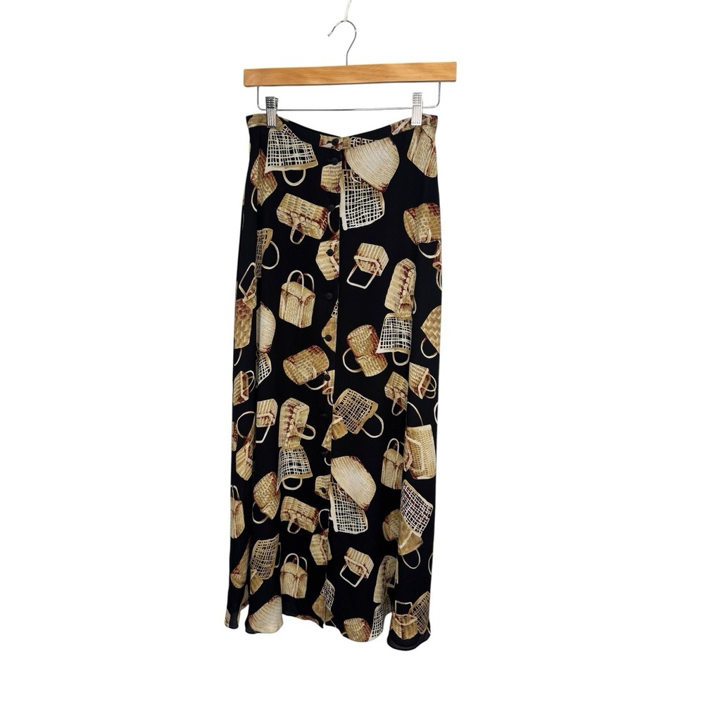 Vintage Y2K 100% Silk Maxi Skirt Size 6 Novelty Print Baskets Button Front